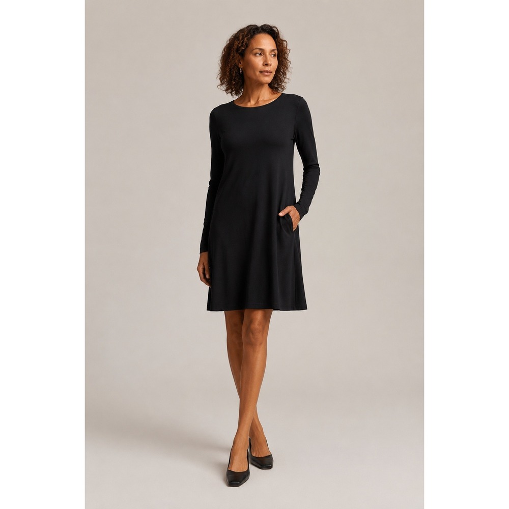 Wool& Rowena Long Sleeve Dress Women M-Long Black Merino Wool Blend Pockets